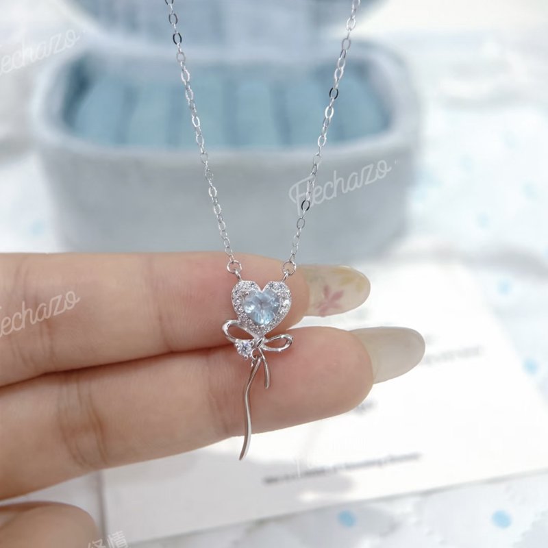 S925 Sterling Silver Heart and Bow Necklace - Image 8